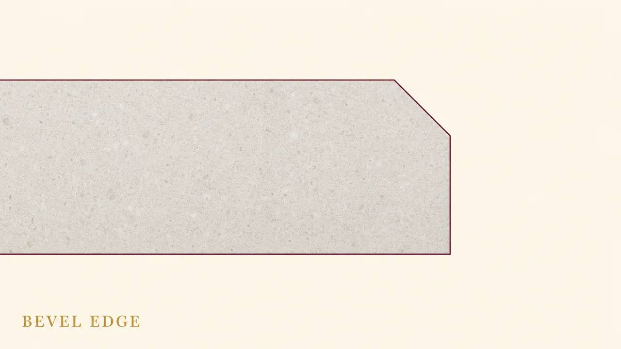 Cross-section illustration of a bevel edge countertop profile, showing a flat angled facet cut at roughly 45 degrees across the top corner
