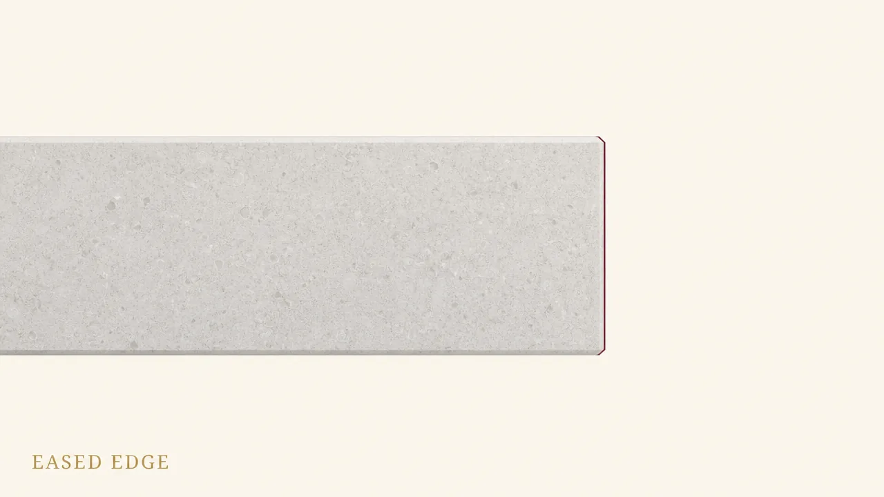 Cross-section illustration of an eased edge countertop profile, showing a nearly square corner with just the sharp arris softened