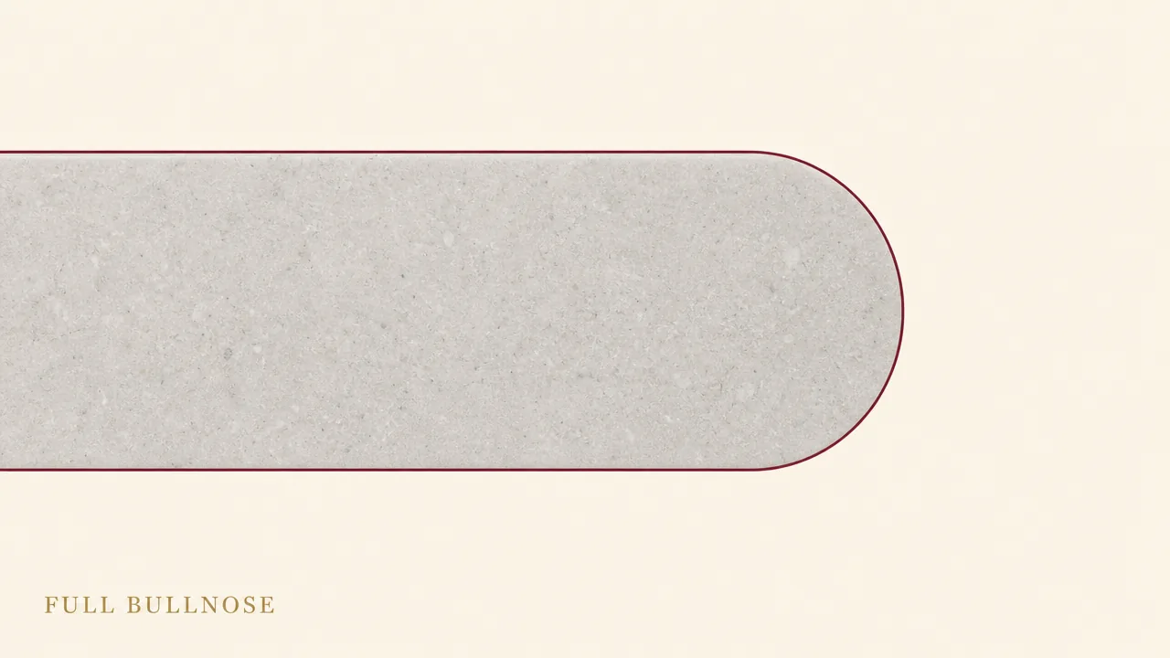 Cross-section illustration of a full bullnose countertop edge profile, with both top and bottom corners rounded into one continuous half-circle curve