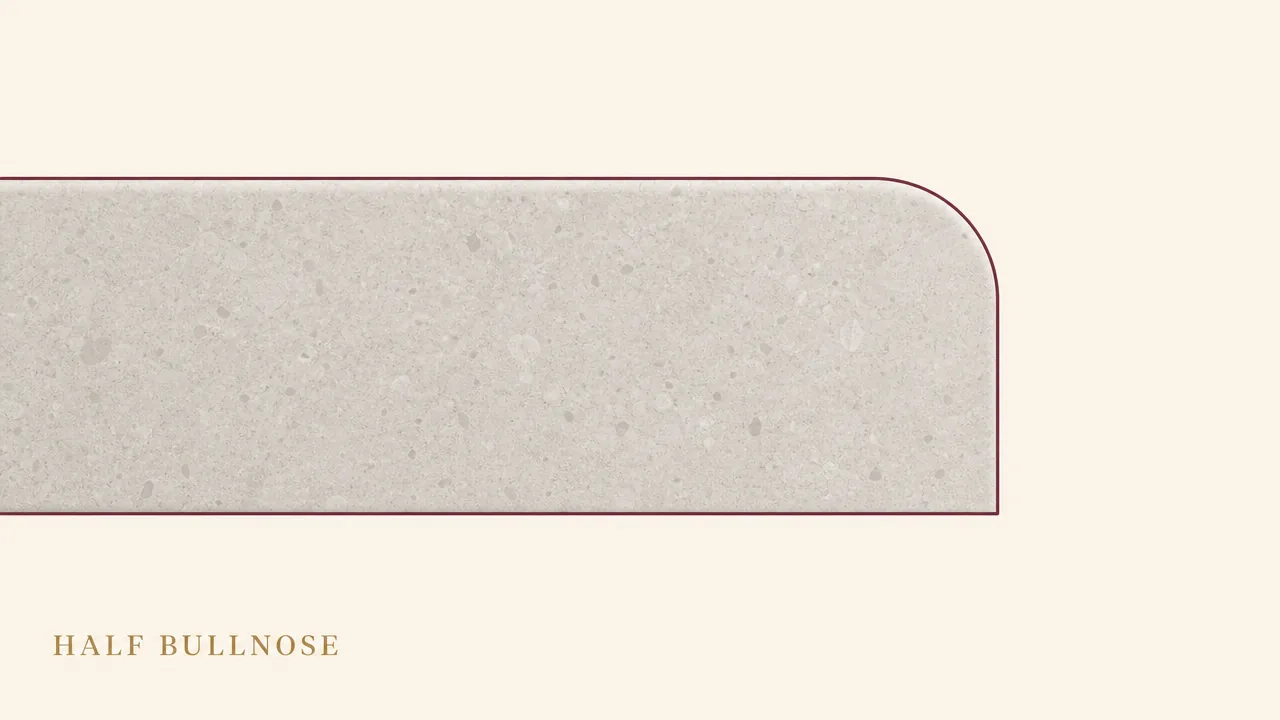 Cross-section illustration of a half bullnose countertop edge profile, with a rounded top corner and a sharp square bottom corner