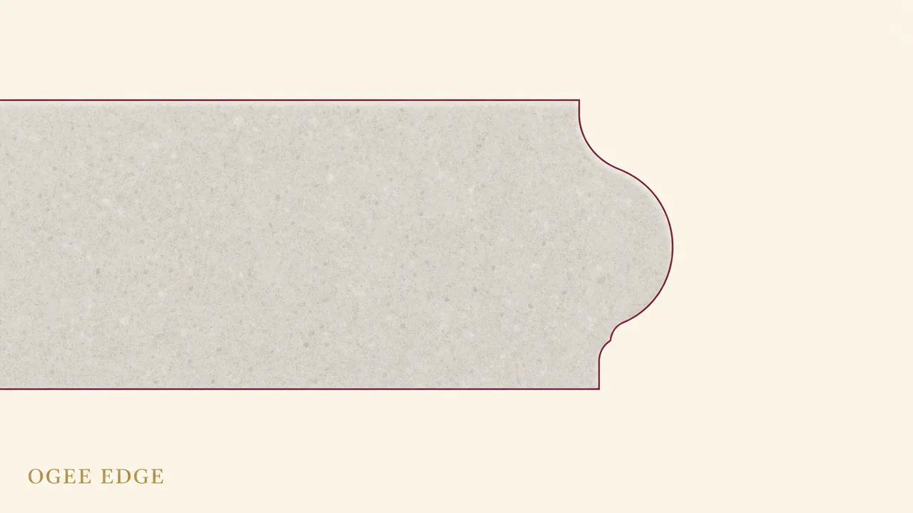 Cross-section illustration of an ogee edge countertop profile, showing the ornate S-curve of a concave arch flowing into a convex curve